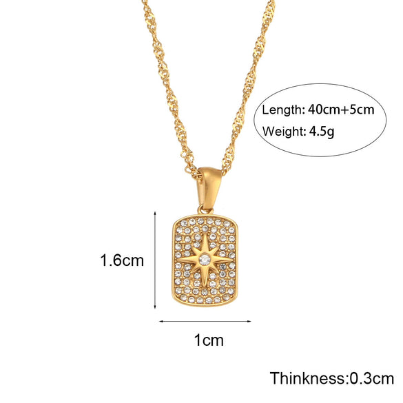 Wholesale Stainless Steel Geometric Eightpointed Star Square Pendant Necklace With Electroplating Treatment And Water Wave Chain For Women