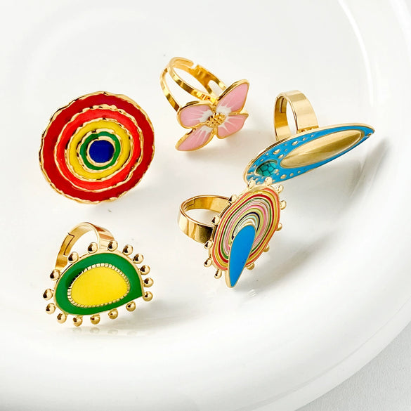 Wholesale Stainless Steel Geometric Electroplated Drop Flower Sun Shape Ring For Unisex
