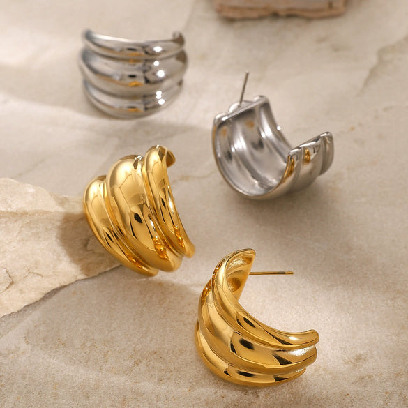 Wholesale Stainless Steel Geometric Electroplated Three Layer Threaded Smooth Earrings Jewelry