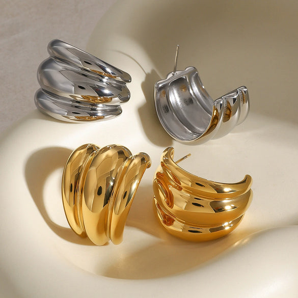 Wholesale Stainless Steel Geometric Electroplated Three Layer Threaded Smooth Earrings Jewelry