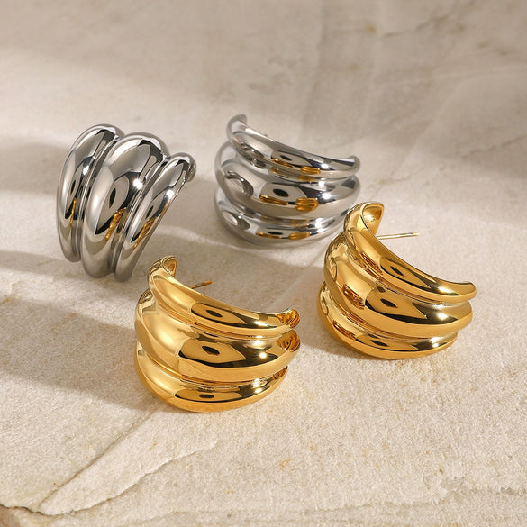 Wholesale Stainless Steel Geometric Electroplated Three Layer Threaded Smooth Earrings Jewelry