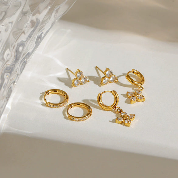 Wholesale Stainless Steel Geometric Electroplating Women's Zircon Four Awn Star And Cross Earrings