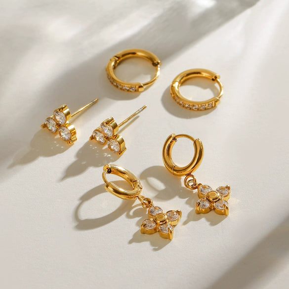 Wholesale Stainless Steel Geometric Electroplating Women's Zircon Four Awn Star And Cross Earrings