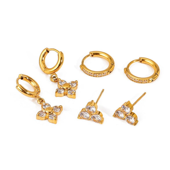Wholesale Stainless Steel Geometric Electroplating Women's Zircon Four Awn Star And Cross Earrings