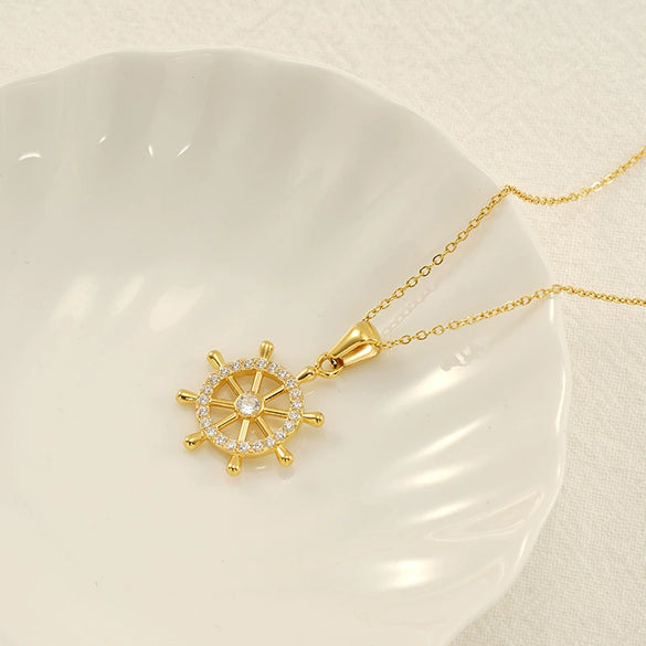 Wholesale Stainless Steel Geometric Fashion Retro Compass Rudder Pendant Necklace For Women With Electroplating