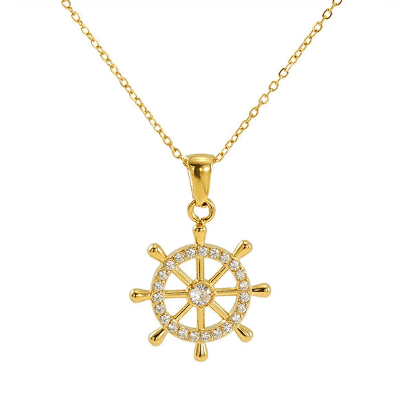 Wholesale Stainless Steel Geometric Fashion Retro Compass Rudder Pendant Necklace For Women With Electroplating