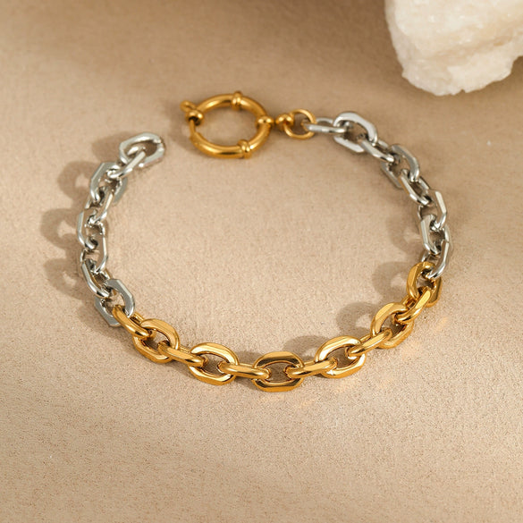Wholesale Stainless Steel Geometric Fashion Women's Electroplated Twocolor Cuban Chain Bracelet