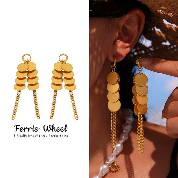 Wholesale Stainless Steel Geometric Ferris Wheel Disc Tassel Electroplated Long Earrings For Women