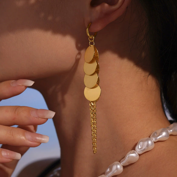 Wholesale Stainless Steel Geometric Ferris Wheel Disc Tassel Electroplated Long Earrings For Women