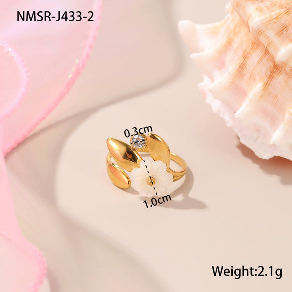 Wholesale Stainless Steel Geometric Flower Pearl Open Ring Plated 18K Gold