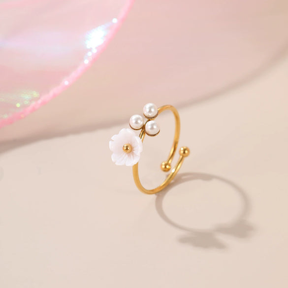 Wholesale Stainless Steel Geometric Flower Pearl Open Ring Plated 18K Gold
