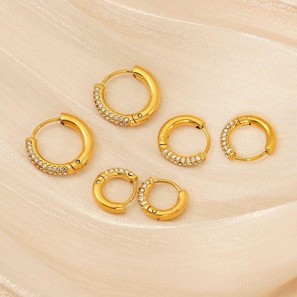 Wholesale Stainless Steel Geometric Gold Pigment Ring Earrings With Diamond And Electroplating Design