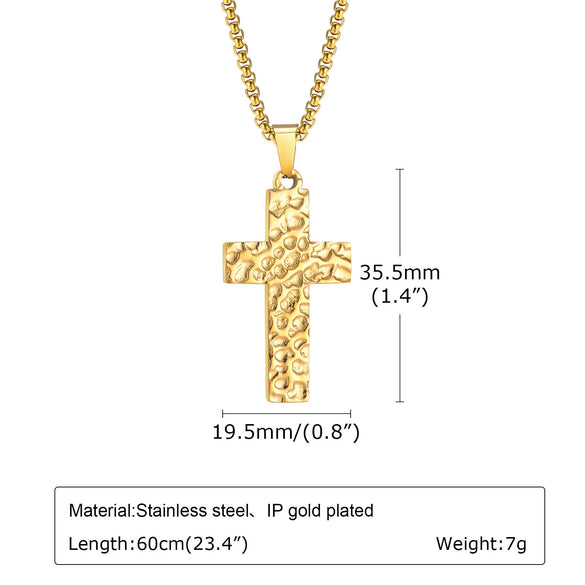 Wholesale Stainless Steel Geometric Hammer Pattern Cross Pendant Gold Plated Necklace For Men
