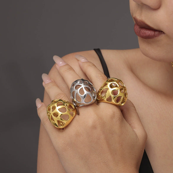 Wholesale Stainless Steel Geometric Heavy Industry Ring With 18K Real Gold Color Electroplating For Women
