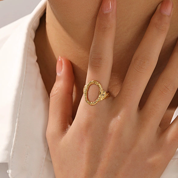 Wholesale Stainless Steel Geometric Hollow Opening Adjustable Ring With Oil Pressure Treatment For Women
