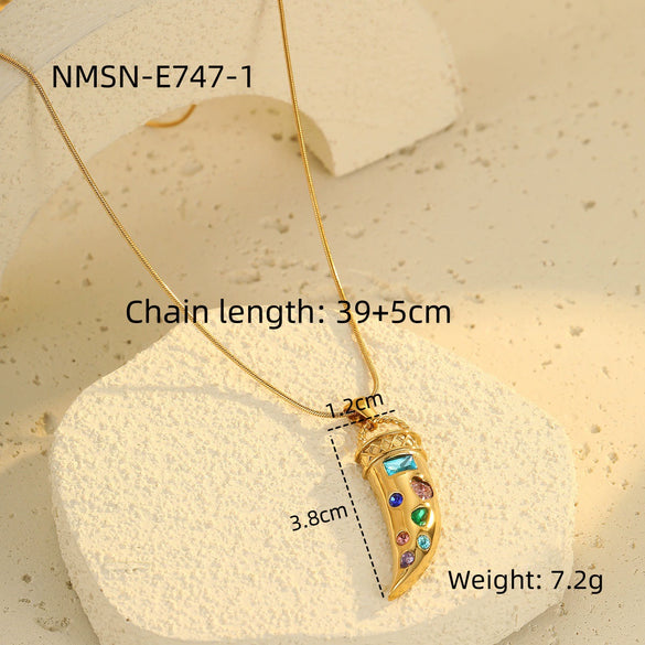 Wholesale Stainless Steel Geometric Horn Pendant Necklace With Colorful Zircon Electroplated Fashion Design For Women