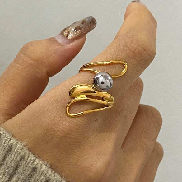 Wholesale Stainless Steel Geometric Irregular Hollow Steel Ball Ring Electroplated For Women