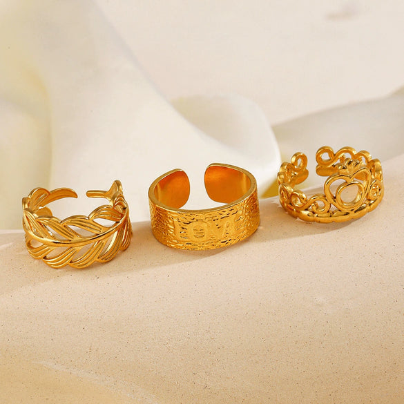 Wholesale Stainless Steel Geometric Leaf Opening Adjustment Crown Ring For Women With Electroplating Treatment Plant Flowers Style