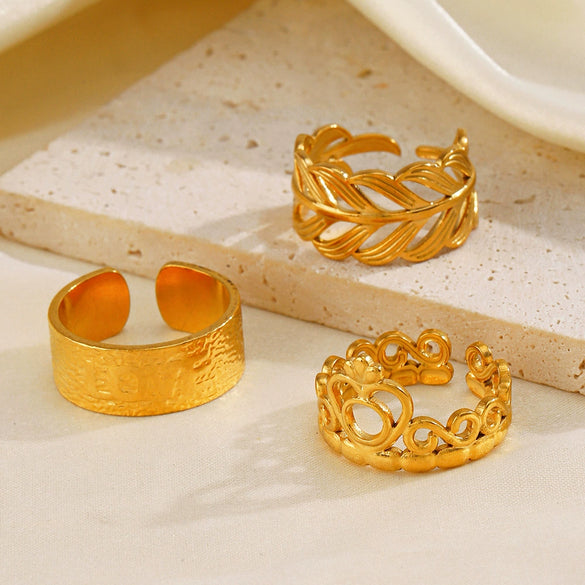 Wholesale Stainless Steel Geometric Leaf Opening Adjustment Crown Ring For Women With Electroplating Treatment Plant Flowers Style