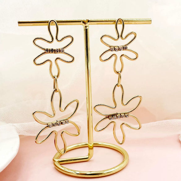 Wholesale Stainless Steel Geometric Long Earrings For Women With Abstract Flower Hollow Design And Inlaid Zircon Electroplating