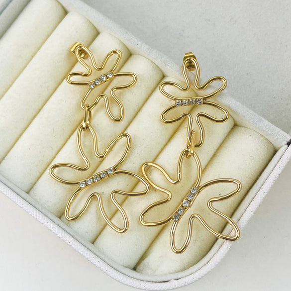 Wholesale Stainless Steel Geometric Long Earrings For Women With Abstract Flower Hollow Design And Inlaid Zircon Electroplating