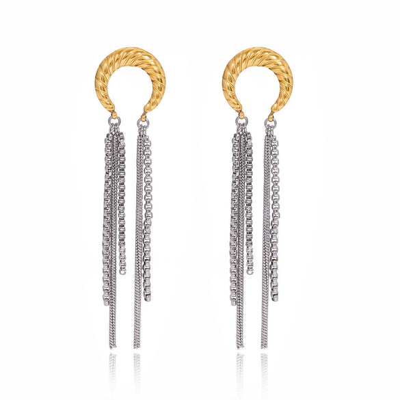 Wholesale Stainless Steel Geometric Moon Tassel Earrings With Electroplating For Women Light Luxury Old Money Style