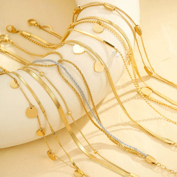 Wholesale Stainless Steel Geometric Multilayer Stacked Anklet With Retro Pendant Unisex Foot Jewelry