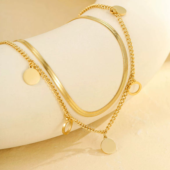Wholesale Stainless Steel Geometric Multilayer Stacked Anklet With Retro Pendant Unisex Foot Jewelry