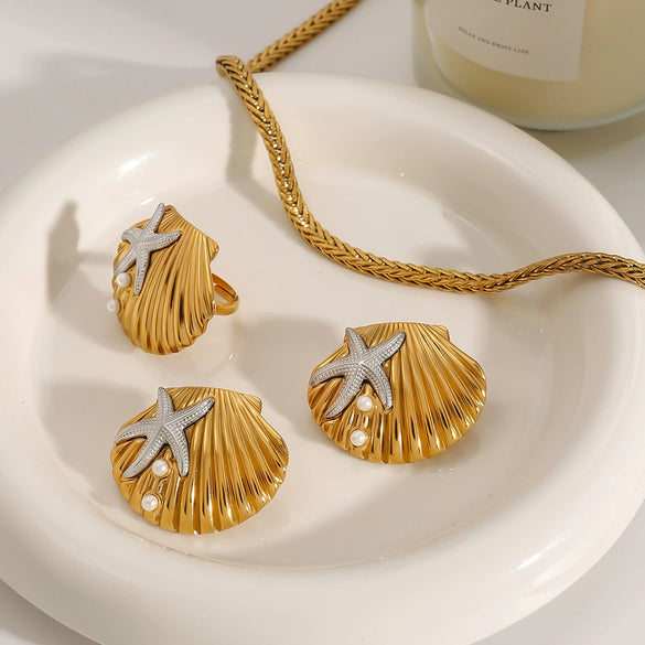 Wholesale Stainless Steel Geometric Ocean Wind Hammer Starfish Rib Shell Earrings For Women With Electroplating Treatment