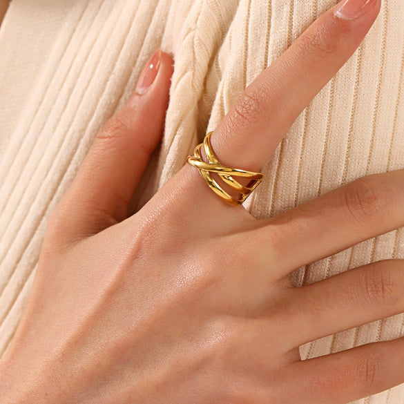 Wholesale Stainless Steel Geometric Opening Adjustable Ring For Ladies With 18K Gold Plated Electroplating