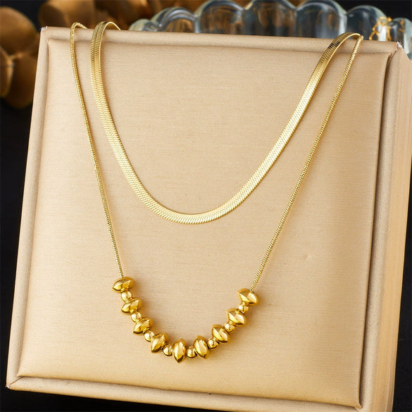 Wholesale Stainless Steel Geometric Oval Beaded Double Layer Snake Bone Chain Necklace With Gold Plated Electroplating For Women