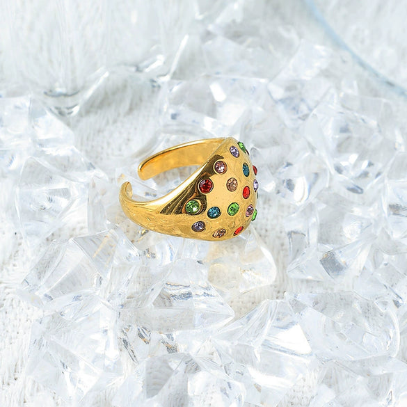 Wholesale Stainless Steel Geometric Oval Bubble Opening Exaggerated Retro Zircon Dome Ring For Women With Electroplating