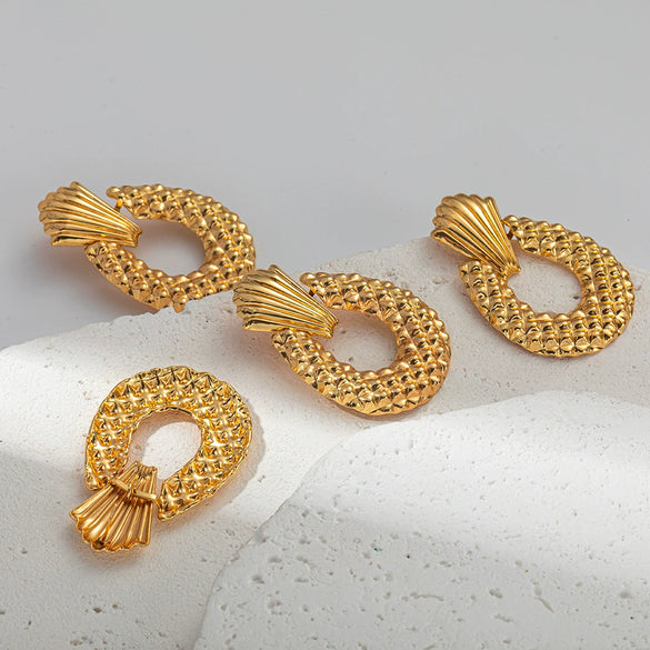 Wholesale Stainless Steel Geometric Oval Hollow Diamond Embossed Earrings With Electroplating For Women