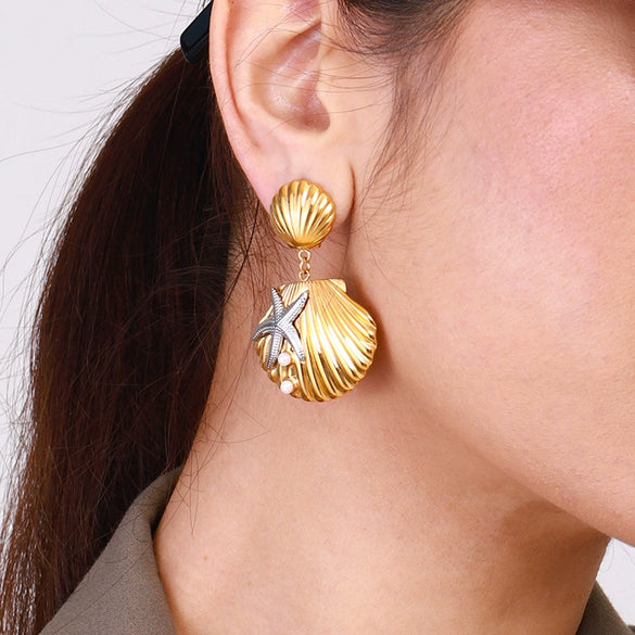 Wholesale Stainless Steel Geometric Pattern Electroplated Ocean Style Earrings For Women