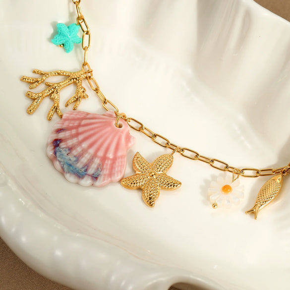Wholesale Stainless Steel Geometric Pattern Electroplated Ocean Style Women's Necklace