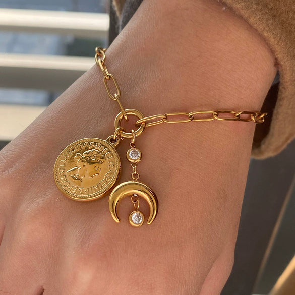 Wholesale Stainless Steel Geometric Pattern Electroplating Women's Light Luxury Coin Pendant Bracelet