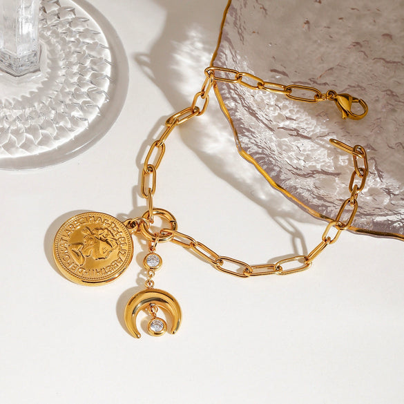 Wholesale Stainless Steel Geometric Pattern Electroplating Women's Light Luxury Coin Pendant Bracelet