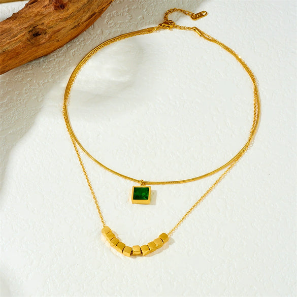 Wholesale Stainless Steel Geometric Pattern Fashion Retro Double Gold Plated Beaded Pendant Necklace For Women