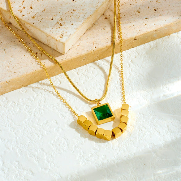 Wholesale Stainless Steel Geometric Pattern Fashion Retro Double Gold Plated Beaded Pendant Necklace For Women