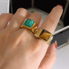 Wholesale Stainless Steel Geometric Pattern Inlaid Tiger Eye Stone Unisex Ring Fashion Hand Jewelry