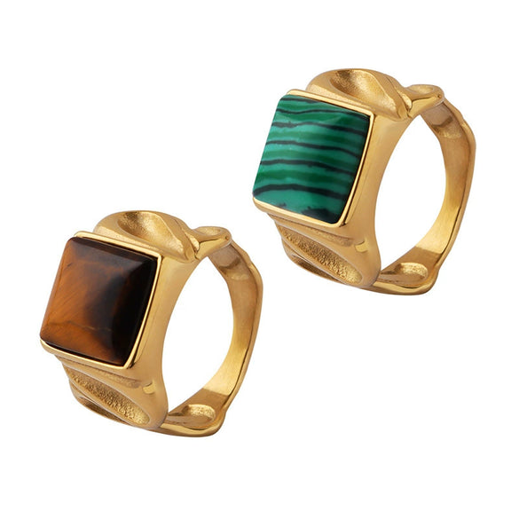 Wholesale Stainless Steel Geometric Pattern Inlaid Tiger Eye Stone Unisex Ring Fashion Hand Jewelry
