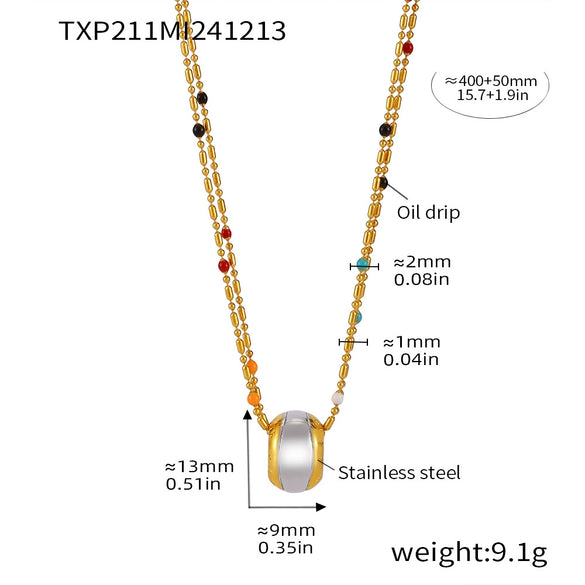 Wholesale Stainless Steel Geometric Pattern Light Luxury Pendant Multi Layer Rice Bead Necklace With Brushed And Electroplated Treatment For Women