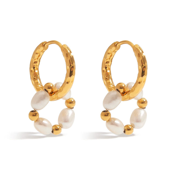 Wholesale Stainless Steel Geometric Pearl Earrings With Hammer Pattern Electroplated Jewelry For Women