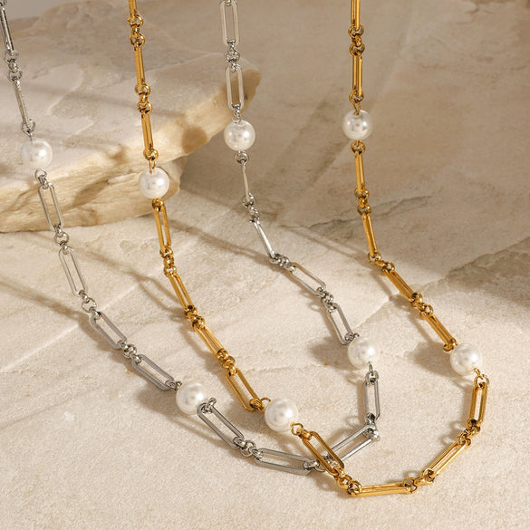 Wholesale Stainless Steel Geometric Pearl Necklace With Electroplating For Women