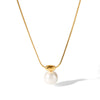 Wholesale Stainless Steel Geometric Pearl Pendant Clavicle Necklace Jewelry With Snake Bone Chain And Electroplating