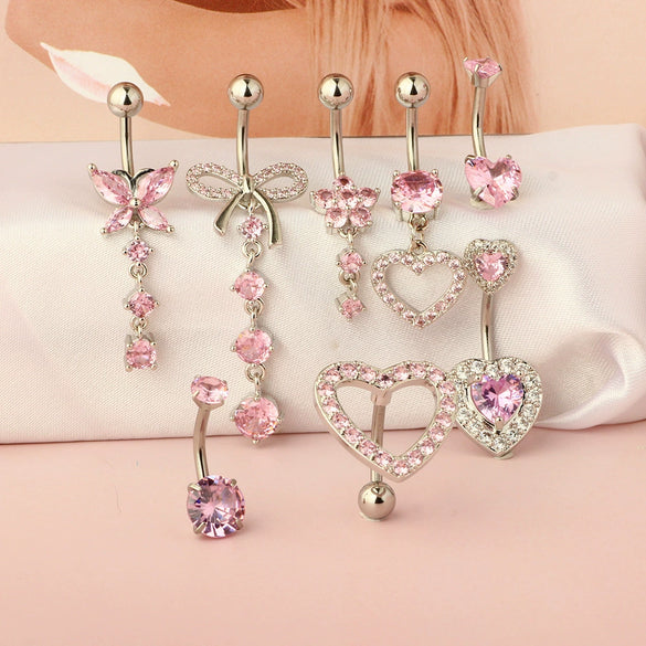 Wholesale Stainless Steel Geometric Pink Butterfly Pendant Umbilical Ring Piercing Jewelry Electroplated