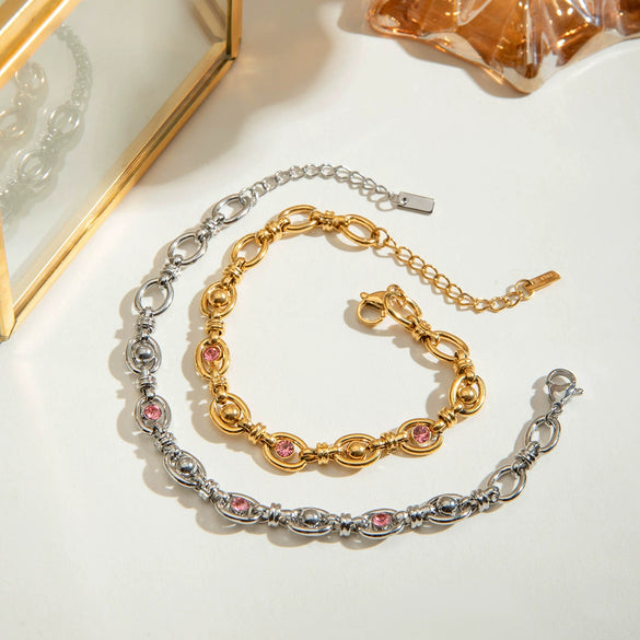 Wholesale Stainless Steel Geometric Pink Zirconium Electroplated Women's Bracelet Jewelry