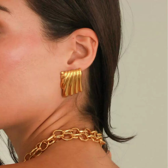 Wholesale Stainless Steel Geometric Pleated Texture Women's Earrings With Pvd Furnace Vacuum Real Gold Plating