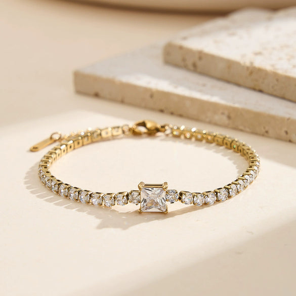 Wholesale Stainless Steel Geometric Real Gold Plated Tennis Chain Bracelet And Necklace Set For Women