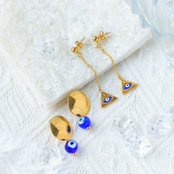Wholesale Stainless Steel Geometric Retro Oil Drop Blue Eyes Earrings With Electroplating